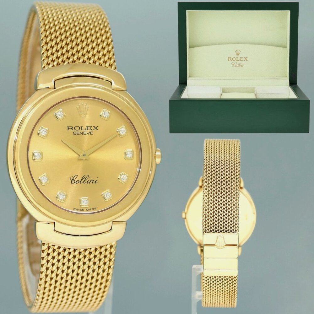 MINT Rolex Ladies Cellini Champagne Diamond Dial Yellow Gold 37mm Watch Box